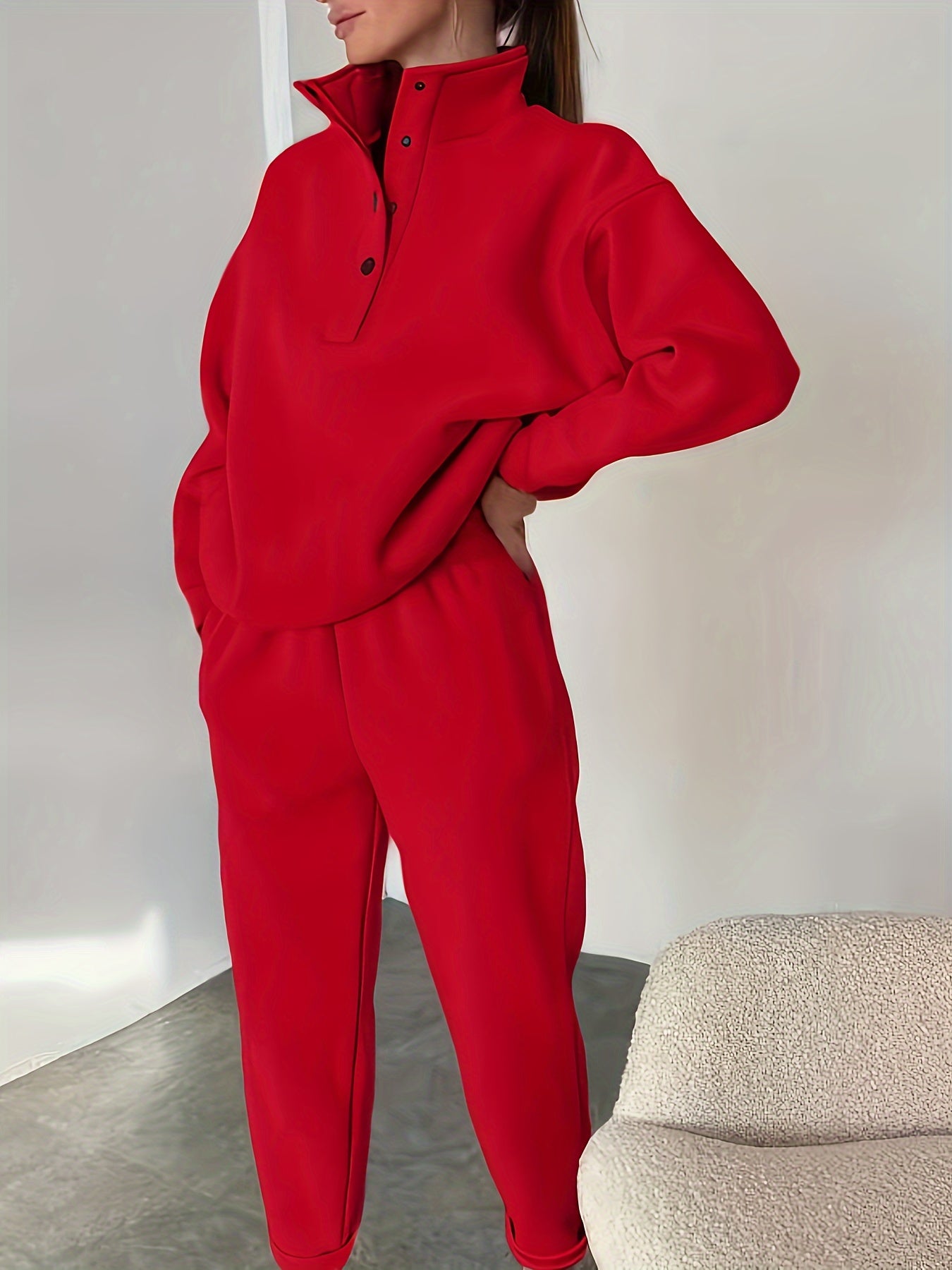 Conjuntos de sudadera para mujer otoño e invierno de color sólido, poliéster microelástico, estilo casual europeo-americano