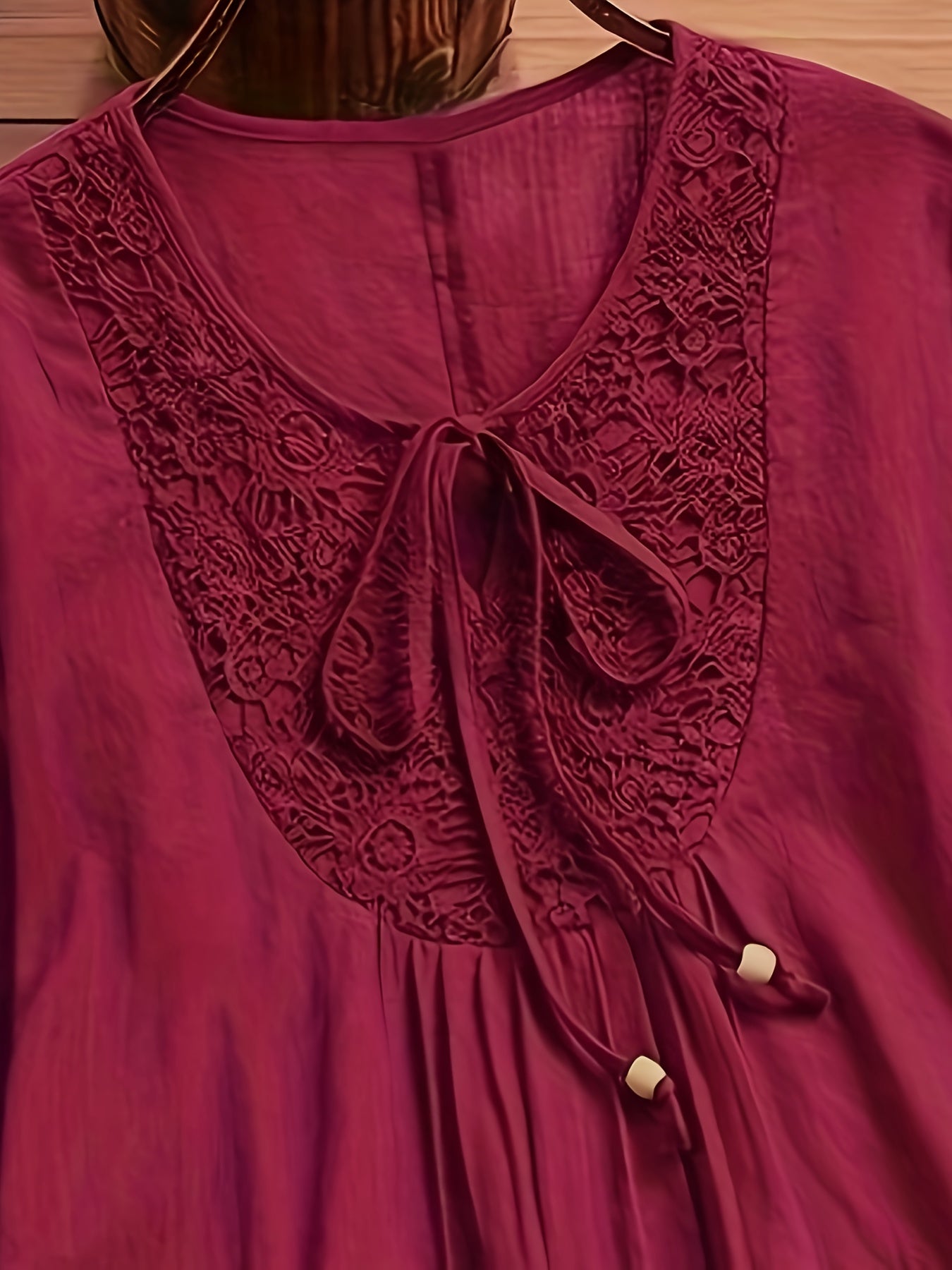 Top de encaje de mezcla de algodón para mujer, cuello redondo, liso, casual, primavera, otoño