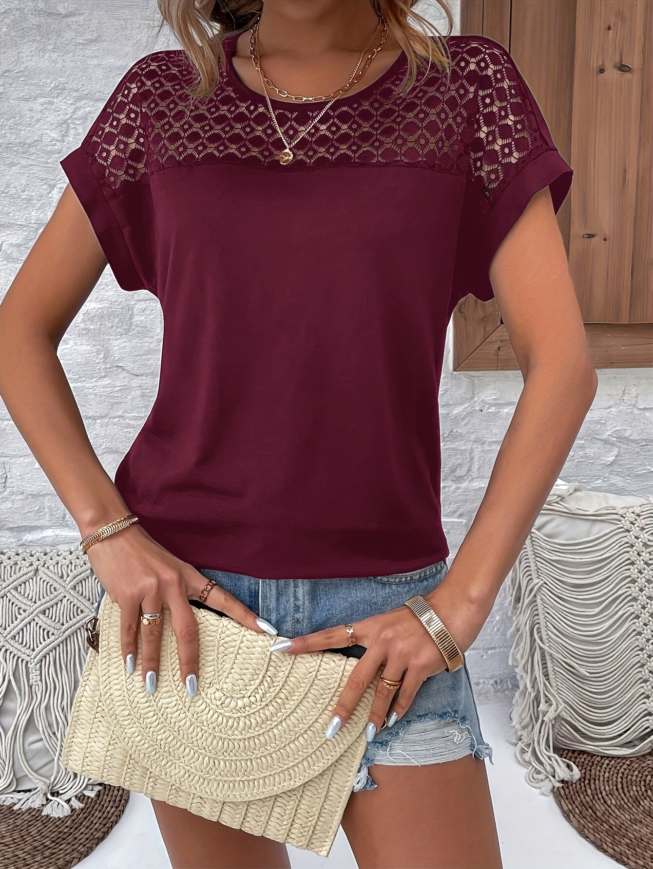 Maroon Lace-Trimmed V-Neck Batwing Sleeve T-Shirt for Women