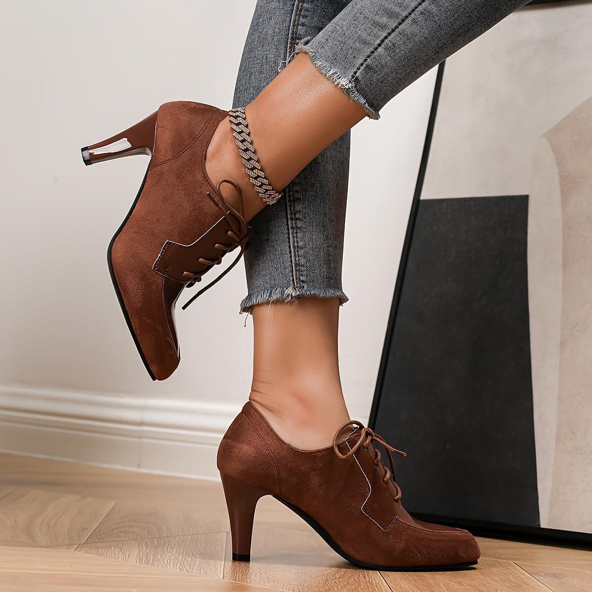 Women Faux Leather Lace-Up High Heels Pointed Toe Chunky Heel