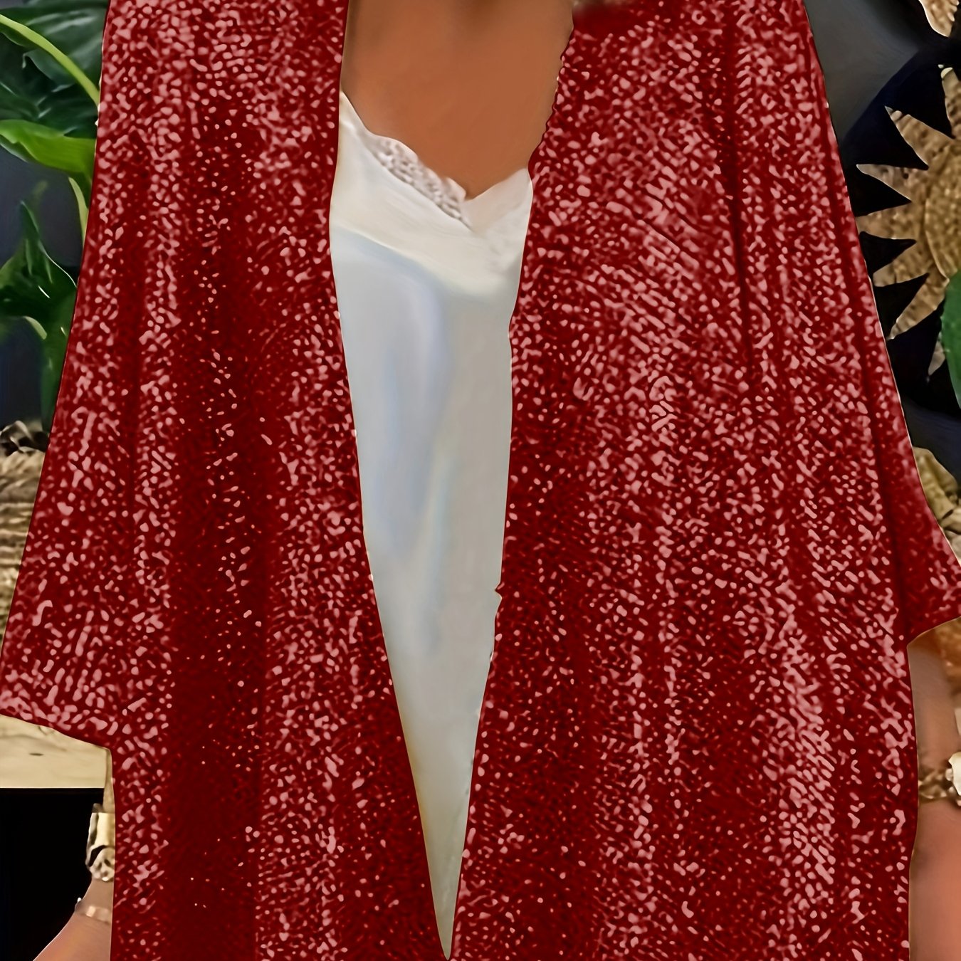 Plus Size Women's Sequin Sleeve Blouse Vivid Red Open Front Casual Formal