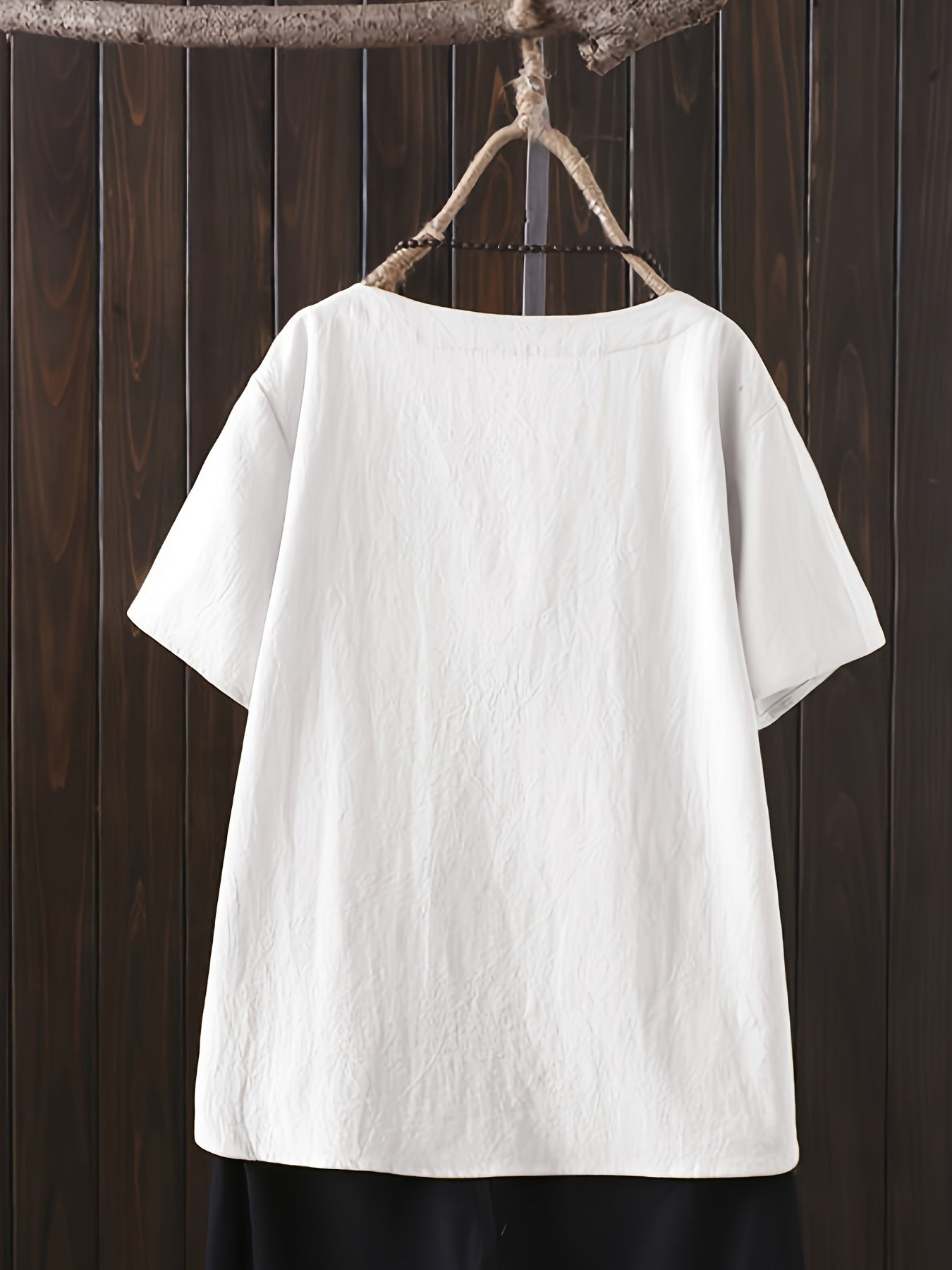 Women's Cotton Linen Floral Shirt with Button Details and Round Neck