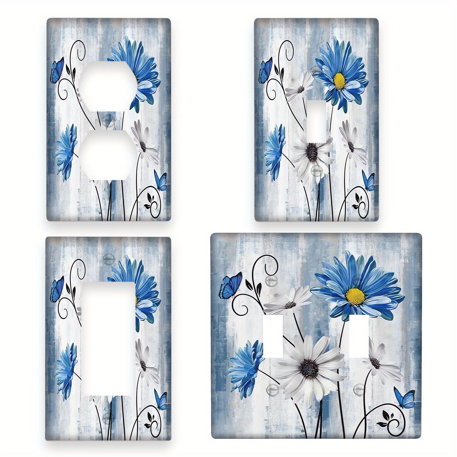 Placa de pared floral Blue Daisy para decoración de dormitorio estilo granja. Compatible con 1 o 2 tomas de corriente
