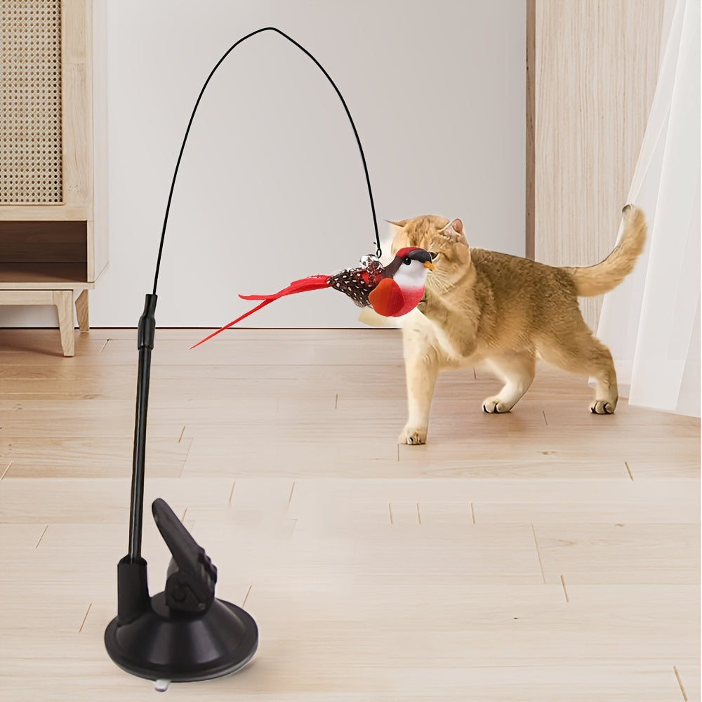 Interactive Cat Teaser Wand with Suction Cup Bell and Detachable Bird Toy