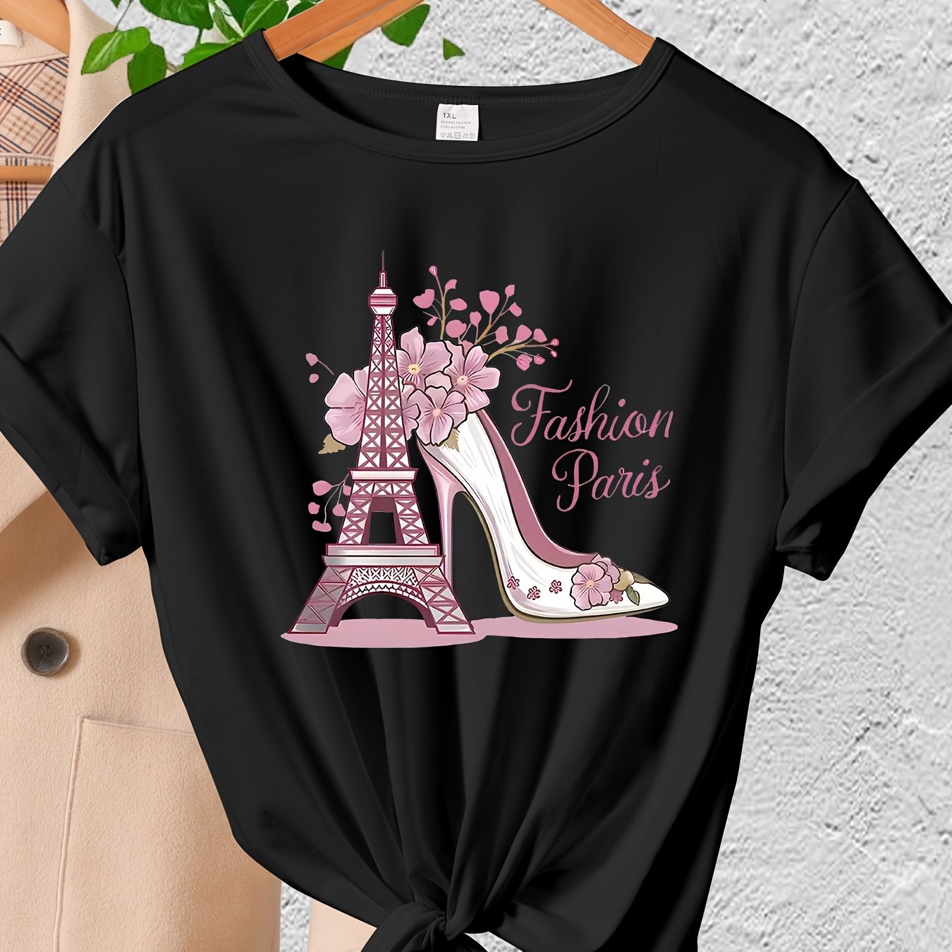 Women's Parisian Eiffel Tower Graphic T-Shirt Floral Accents Casual Top