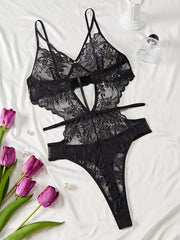 Women's Floral Lace Bodysuit with Cut-Out Back and Thong Style