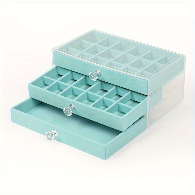 Organizador de joyas de acrílico con cajón de forro suave para collares, pendientes y anillos, azul claro y rosa