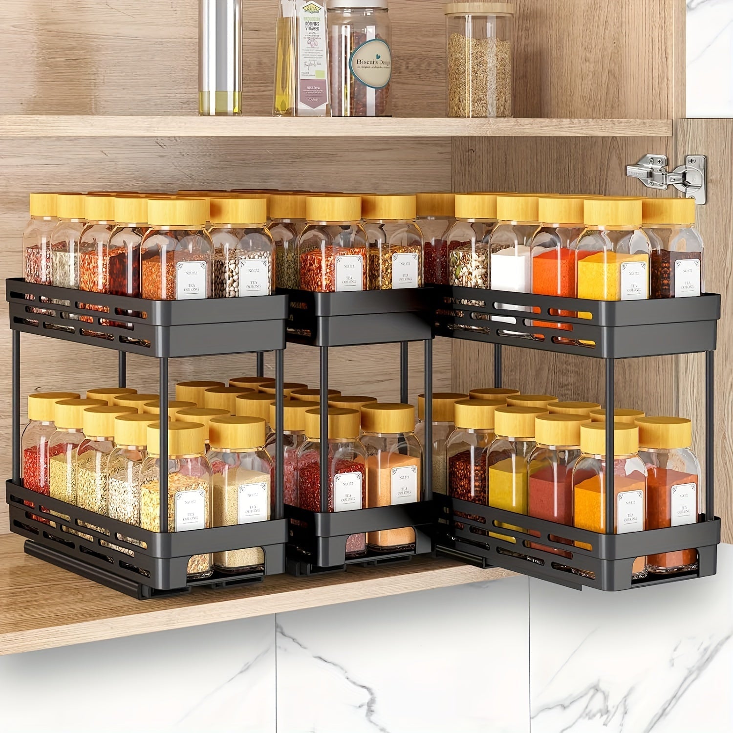 Set of 3 Pull-Out Spice Rack Organizers for Cabinets, Space-Saving, Holds 10 Jars
