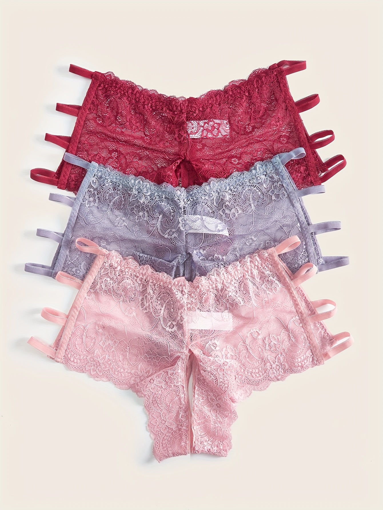 Женские кружевные трусы 3 шт. в упаковке, большие размеры, с открытым промежностью, цветочные узоры, черный, морской волны, красный
