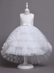 Girls Pink Princess Dress with Floral Appliqués Tulle Overlay Bow for Parties and Pageants