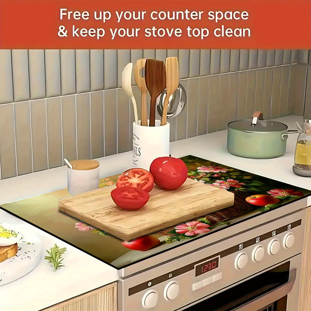 Issiqqa chidamli, chizishga qarshi gaz plitasining ustki qoplamasi, olma va fan gul dizayni bilan, sirpanmaydigan, oson tozalash uchun oshxona stol usti drenaji