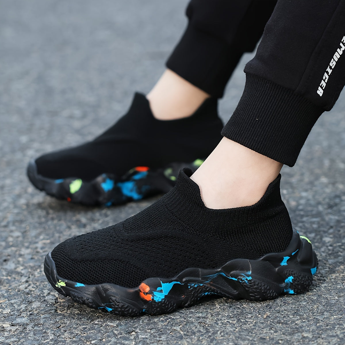 Kids Breathable Knit Slip-On Sneakers Camo and Black EVA Sole All-Season