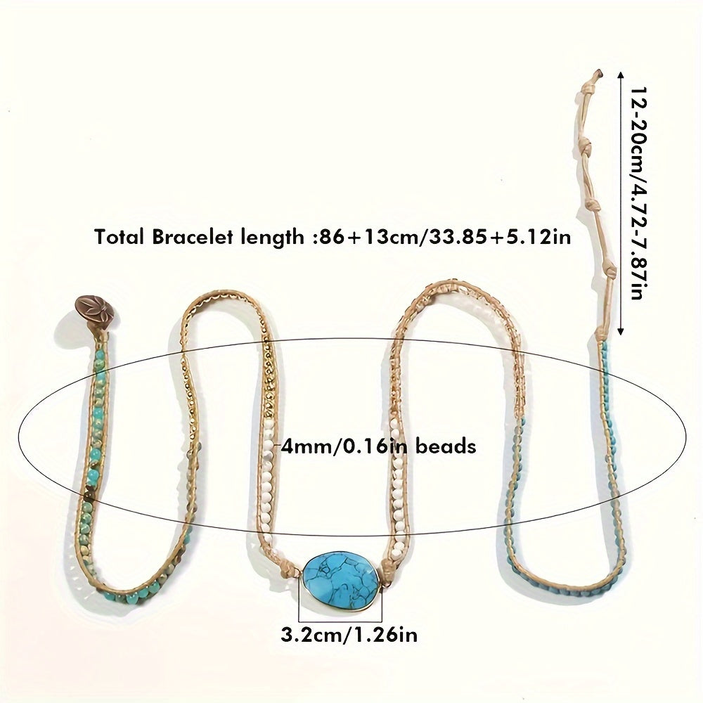 Bohemian Wrap Bracelet with Natural Stone Glass Hematite Beads Adjustable 5 Row Braid Rope Jewelry