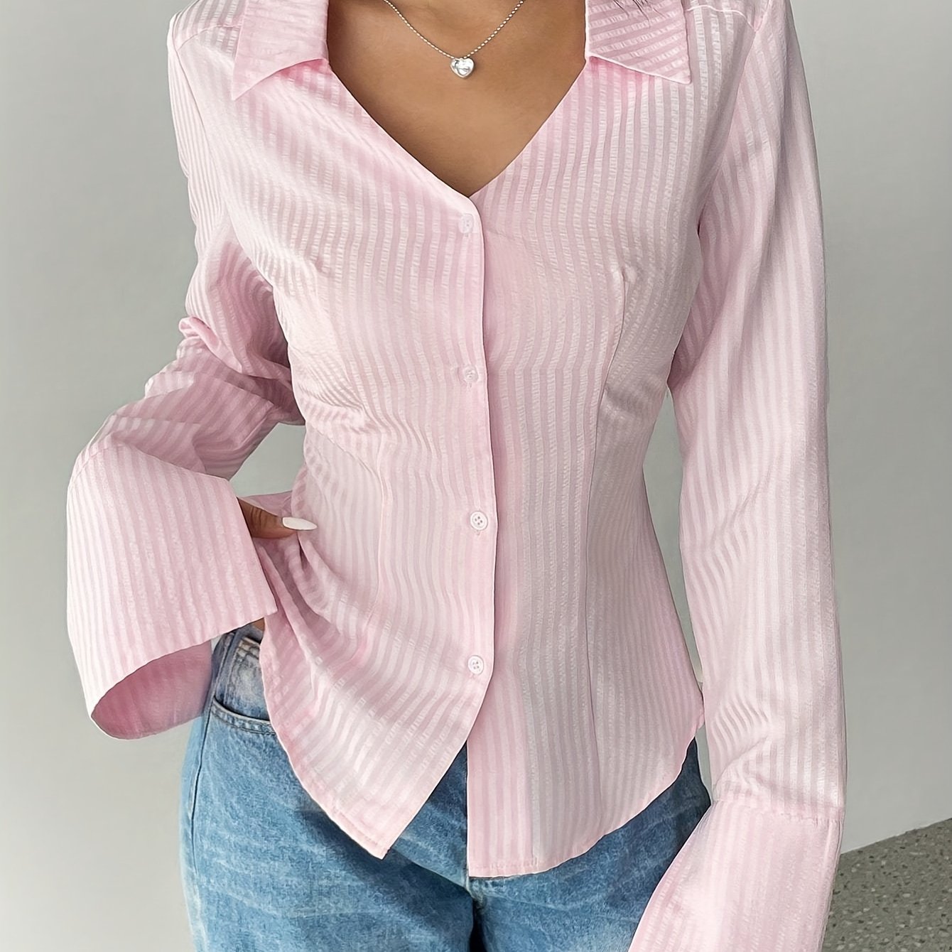 Women's V-Neck Striped Button-Up Shirt Long Sleeve Polyester Spring Fall