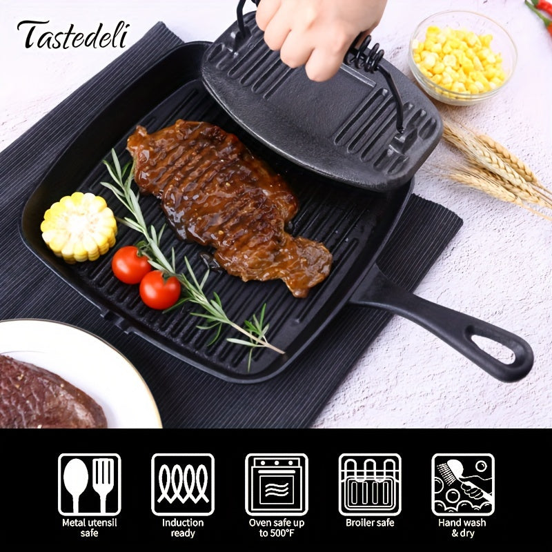 Cast Iron Grill Pan with Press 23.5cm Non-Stick Oven Safe for Kitchen and Restaurant