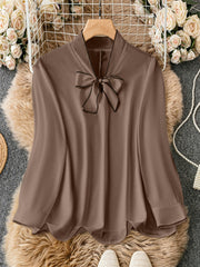 Plus Size Elegant High Neck Blouse with Contrast Binding Solid Woven Polyester Spandex