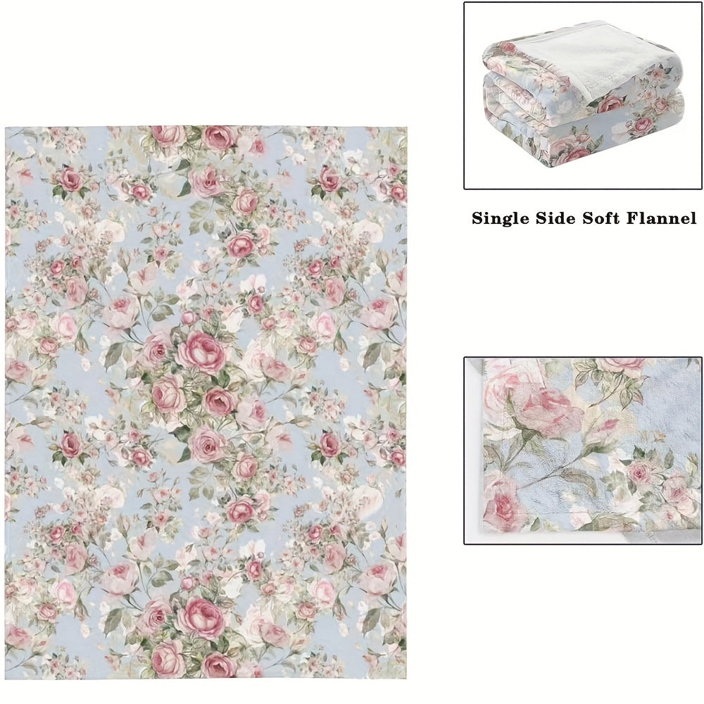 Flannel Blanket with Floral Rose Print Cozy Soft for Couch Bed Travel