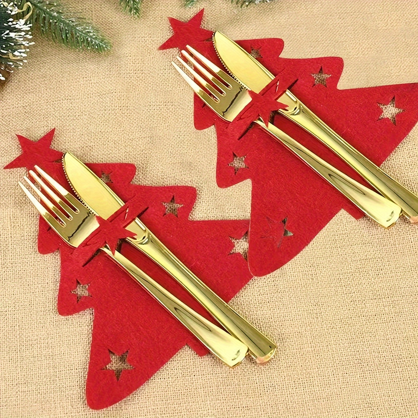 12pc Felt Mini Christmas Trees for Table Decor, Fork and Spoon Bag