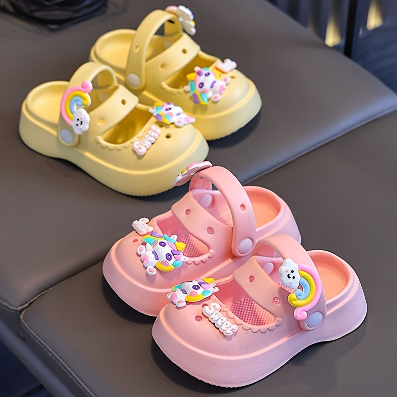 Girls' Cartoon Clogs in Pink and White with Charms for All-Season Indoor Outdoor Use