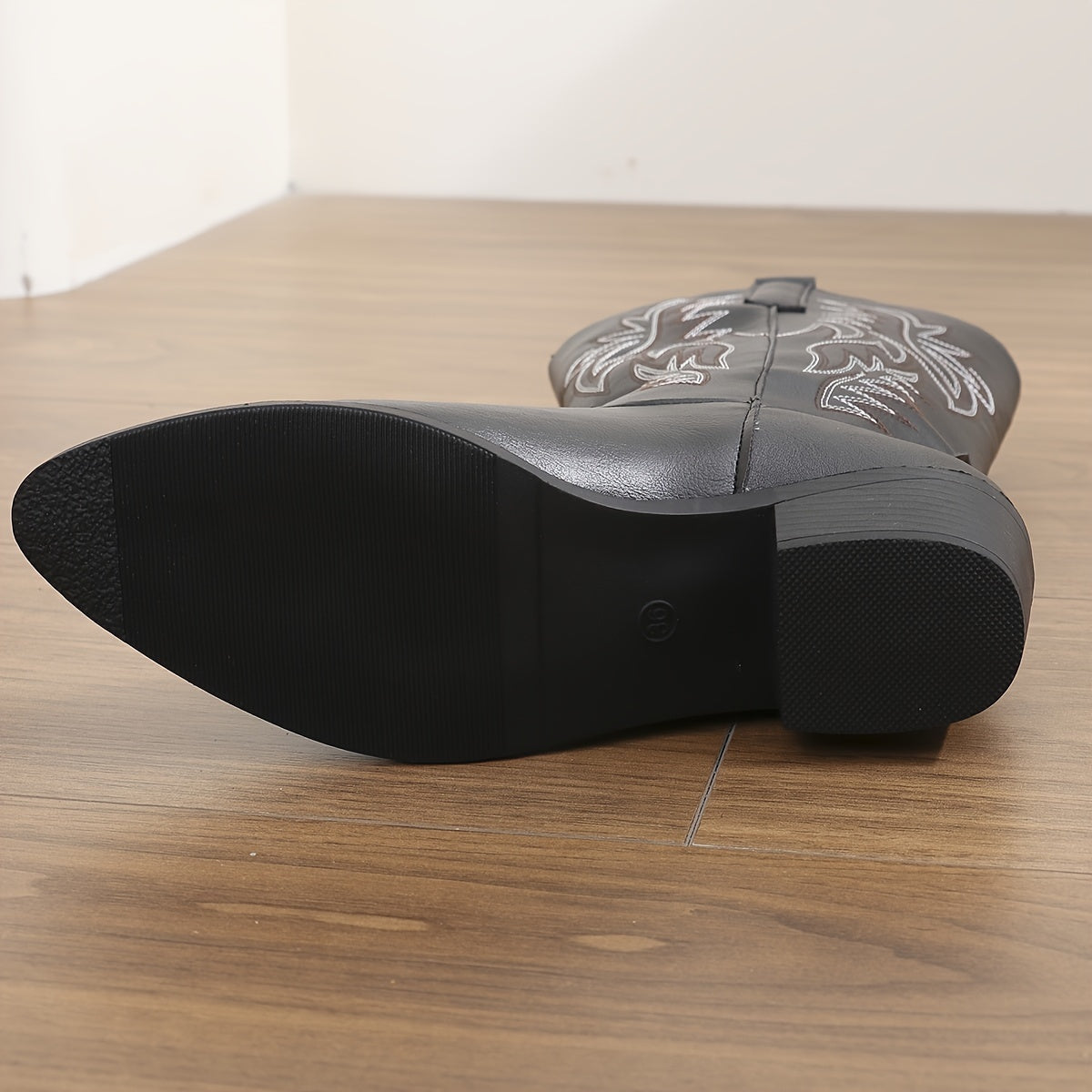 Women's Black Western Style Slip-On Cowboy Boots with Embroidery, Plus Size