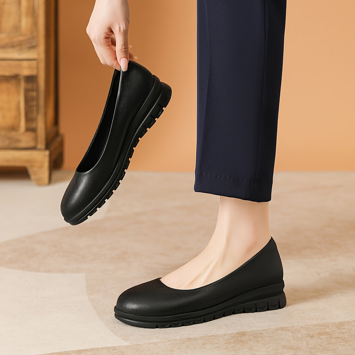 Women's Black Office Flats Non-Slip Round Toe Microfiber Shoes