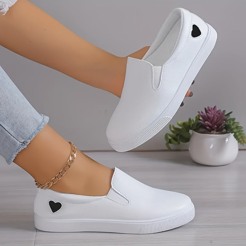 Women's White Slip-On Sneakers with Red Heart, Lightweight, All-Season