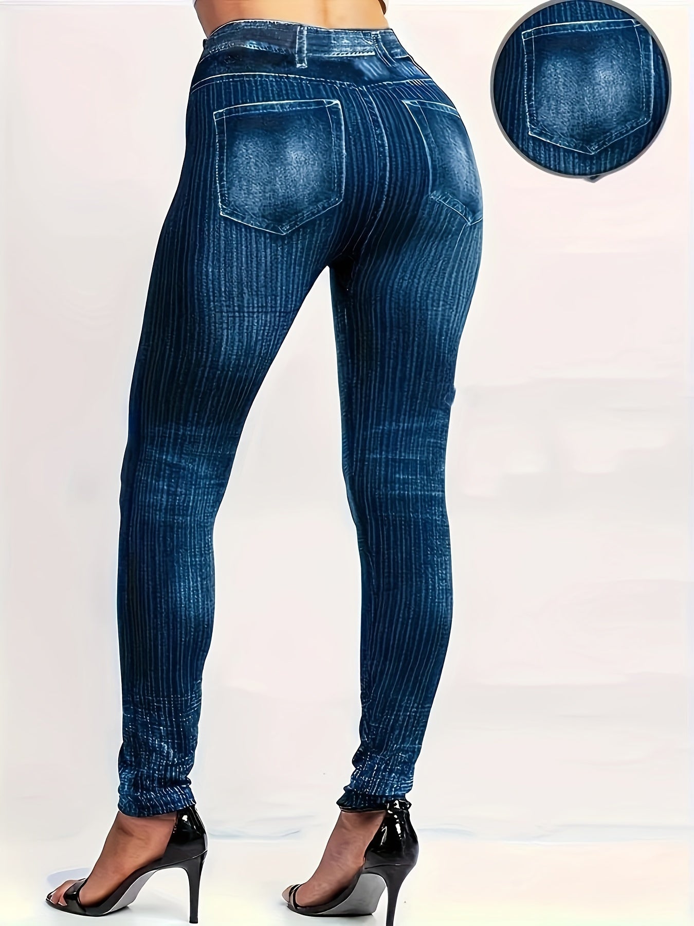 Plus Size High-Waisted Skinny Pants Black Vertical Stripe Fitted Trousers