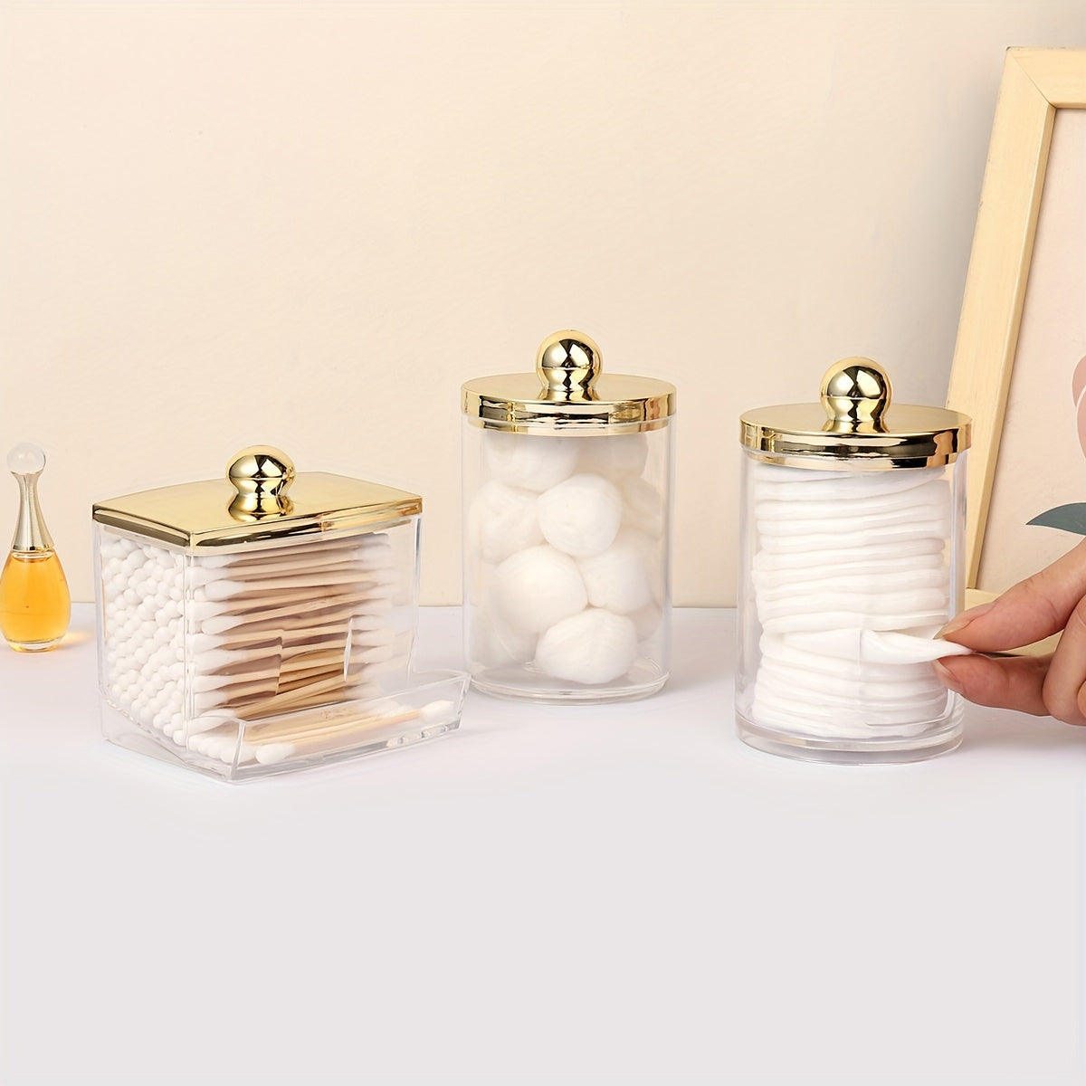 Bathroom Storage Organizer Set with 1/3 Qtips Container and Gold-Lidded 10 oz Ball Holder