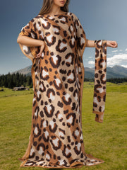 Plus Size Women's Leopard Print Tunic Dress with Scarf Brown Casual All-Season