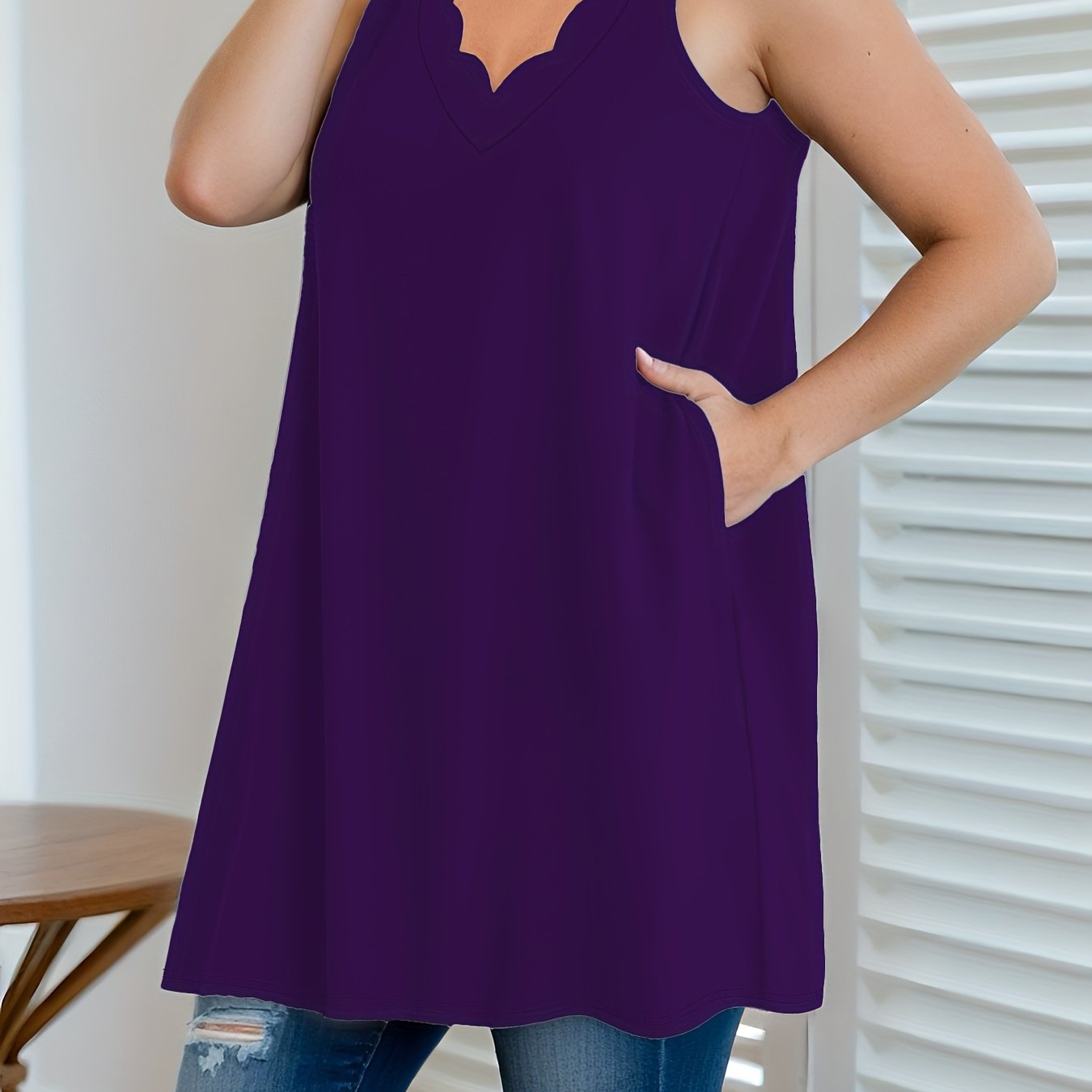 Women's Sleeveless Maxi Tank Top with Pockets V-Neck Solid Polyester Spandex