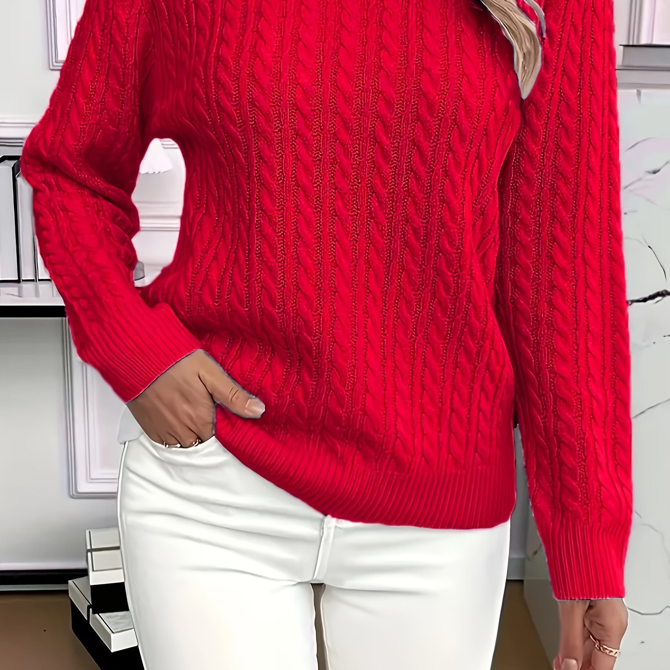 Plus o'lchamli ayollar uchun trikotaj sviter, kruy neck, uzun qo'lli, bir rangli, kundalik pullover