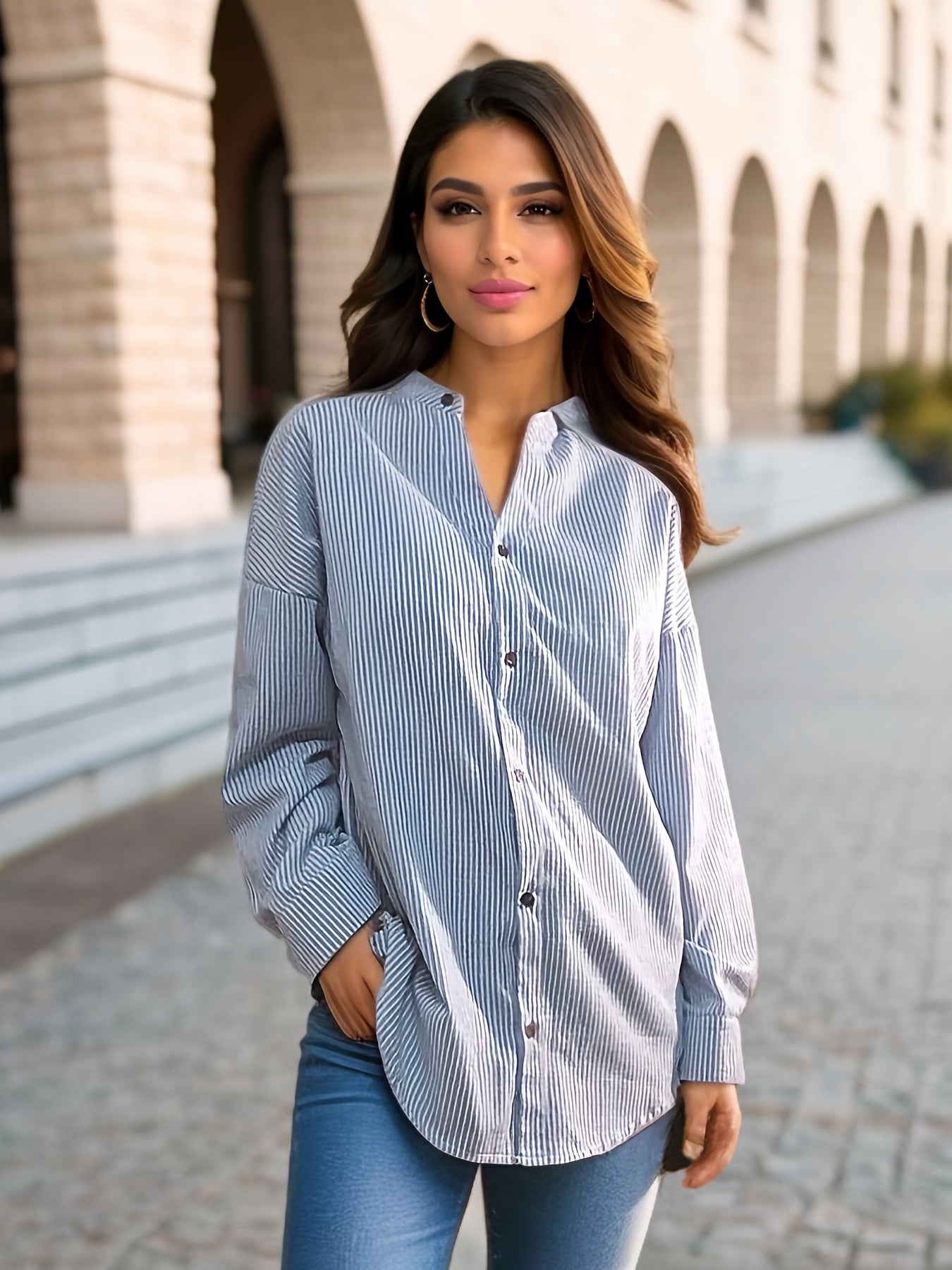 Women's Striped Woven Cotton Blend Shirt with Drop Shoulders and V-Neck