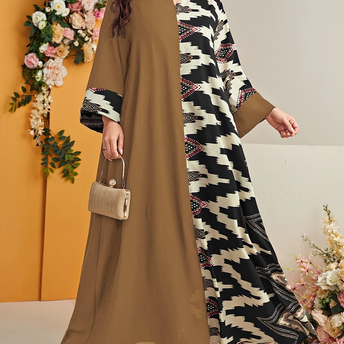 Polyester Midi Dress with V-Neck Geometric Pattern All-Season Fitted Non-Stretch