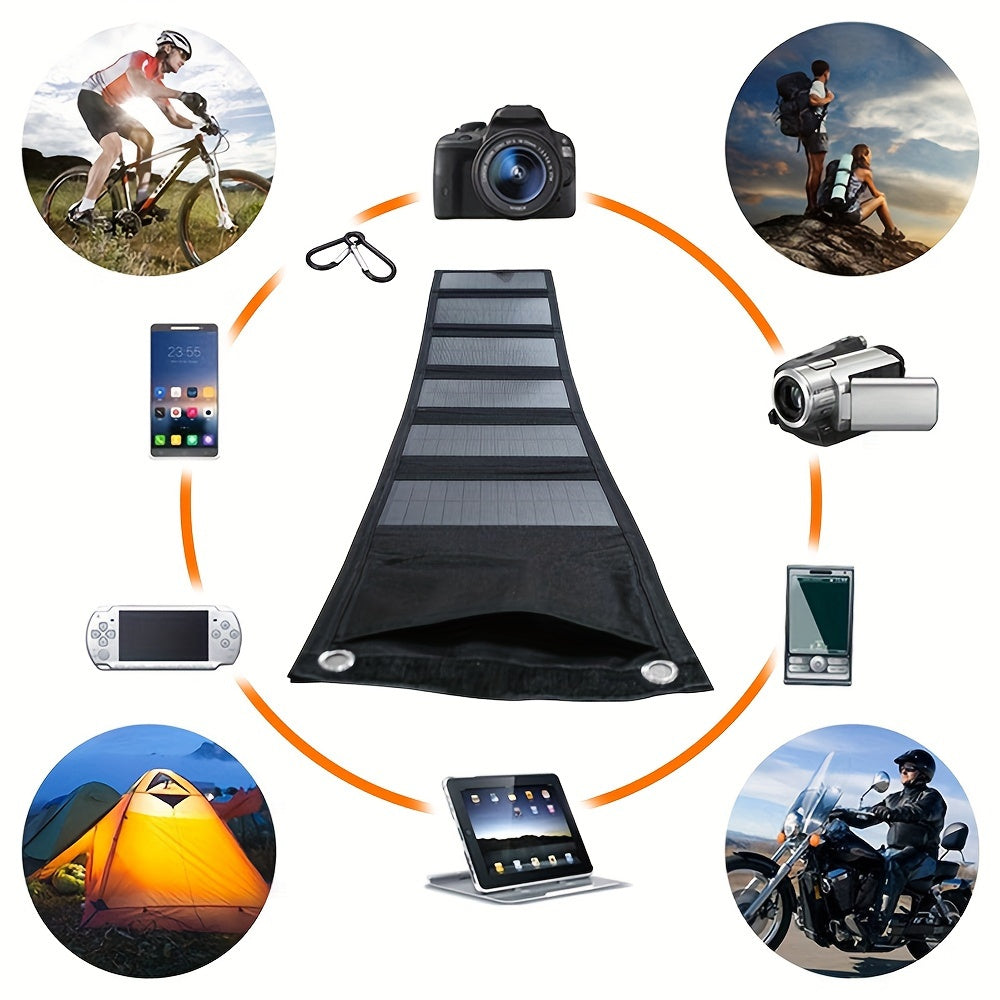 Портативная солнечная панель мощностью 60 Вт с кабелем быстрой зарядки и USB-зарядным устройством для активного отдыха.