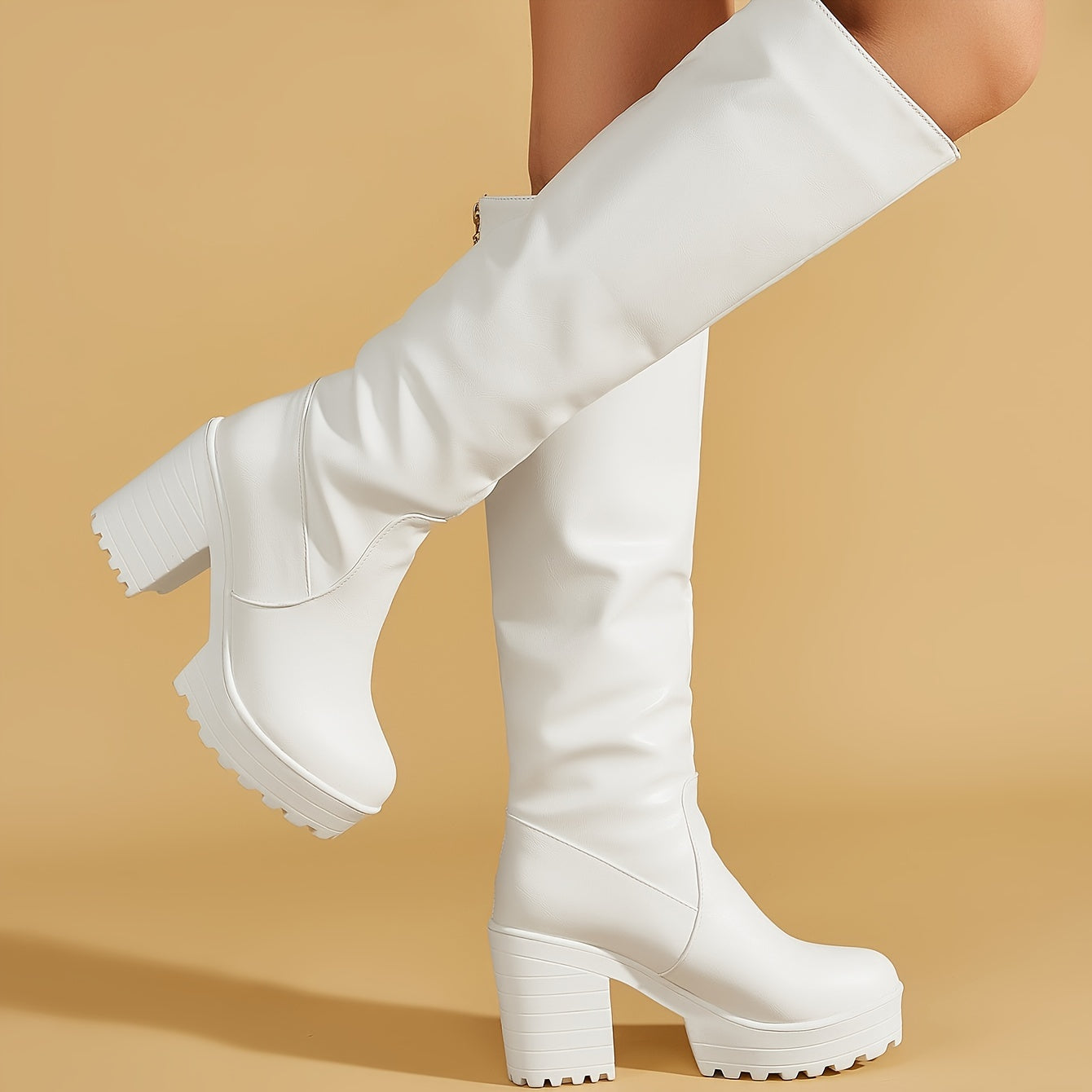 Ayollar uchun oq charmli yuqori poyabzal, kuz va qish uchun o'rta shishli botlar