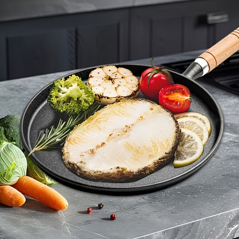 Cast Iron Non-Stick Frying Pan with Wooden Handle and Omelette Roll Maker