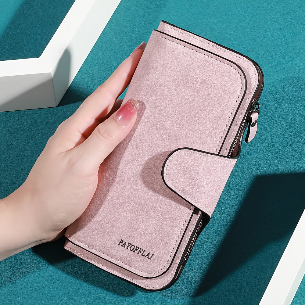 Yangi vintage uslubidagi ayollar uchun uzun hamyon, sun'iy charmdan tayyorlangan, tugmachali yopiq, zip cho'ntak, naylon astar, ko'p kartochka joylari va chet bo'yash tafsiloti bilan.