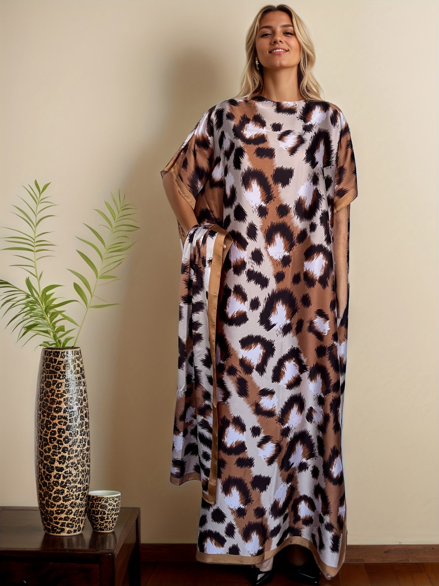 Plus Size Women's Leopard Print Tunic Dress with Scarf Brown Casual All-Season