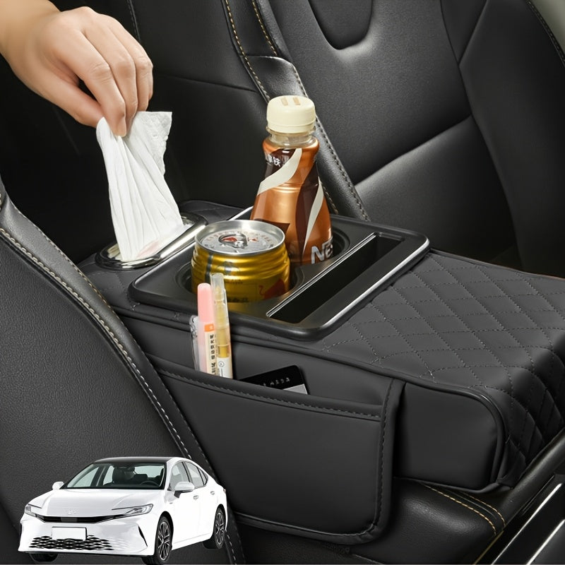 Faux Leather Car Armrest Storage Box Universal Fit All-Season Organizer for Water Cups Phones Tissues