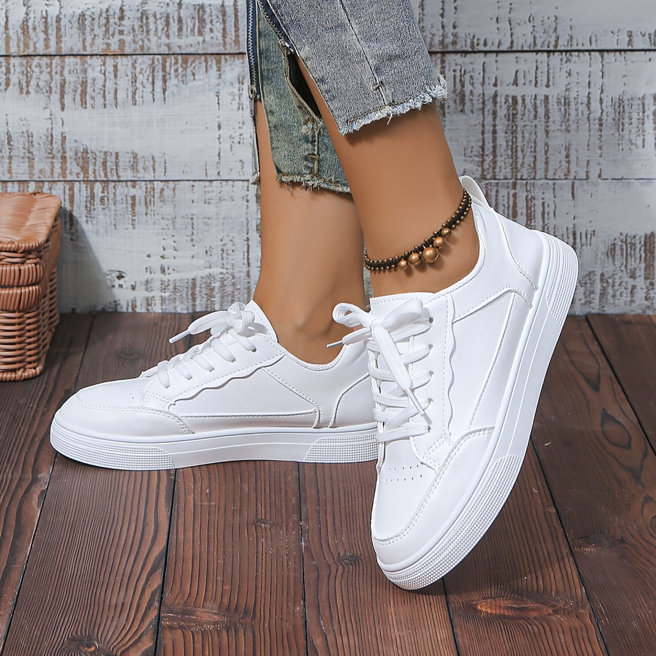 Girls White Casual Sneakers with Non-Slip Rubber Sole and Breathable Fabric Lining