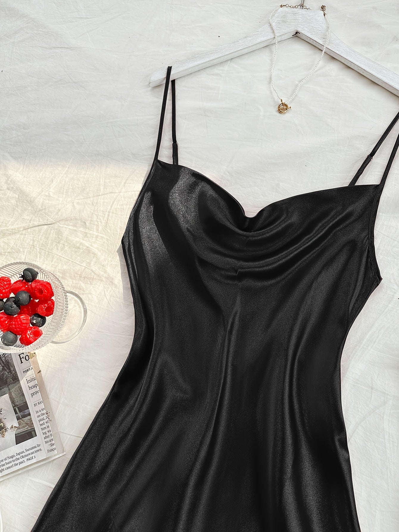 Women's Satin Turtleneck Sleep Dress Backless Split Solid Color Nightgown All-Season