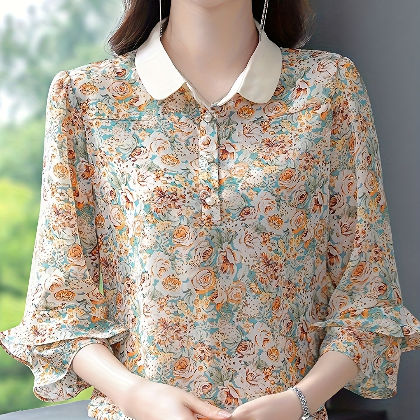 Блузка большого размера с цветочным принтом, элегантный воротник, многослойный топ с рукавами 3/4