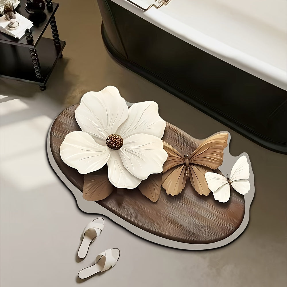 3D Flower Butterfly Pattern Non-Slip Bathroom Rug Water-Absorbent Quick-Drying Oval
