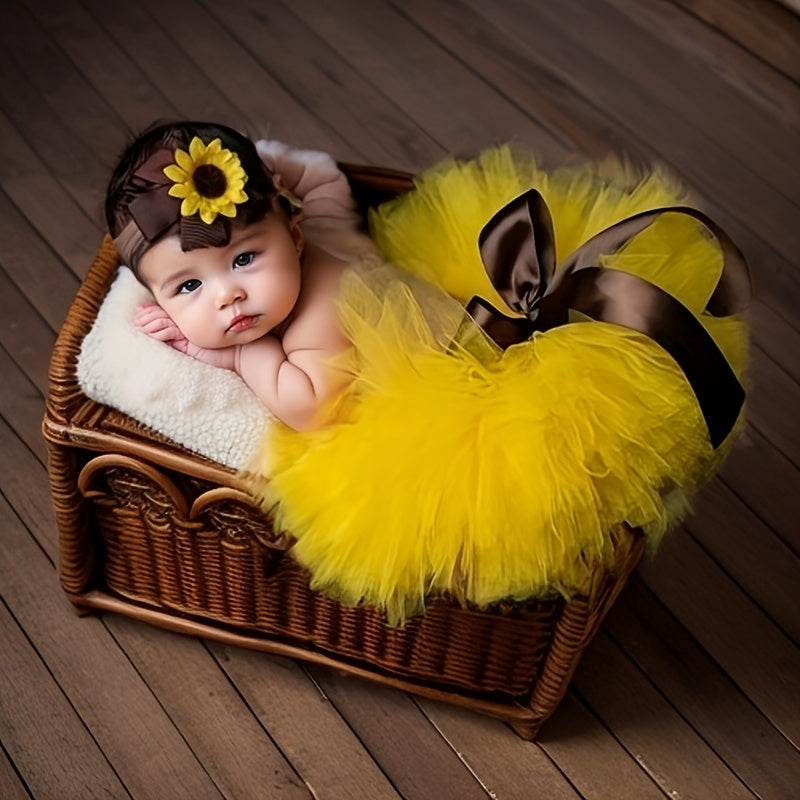 Newborn Baby Sunflower Tutu Skirt with Bow and Flower Girl Headband Photography Prop