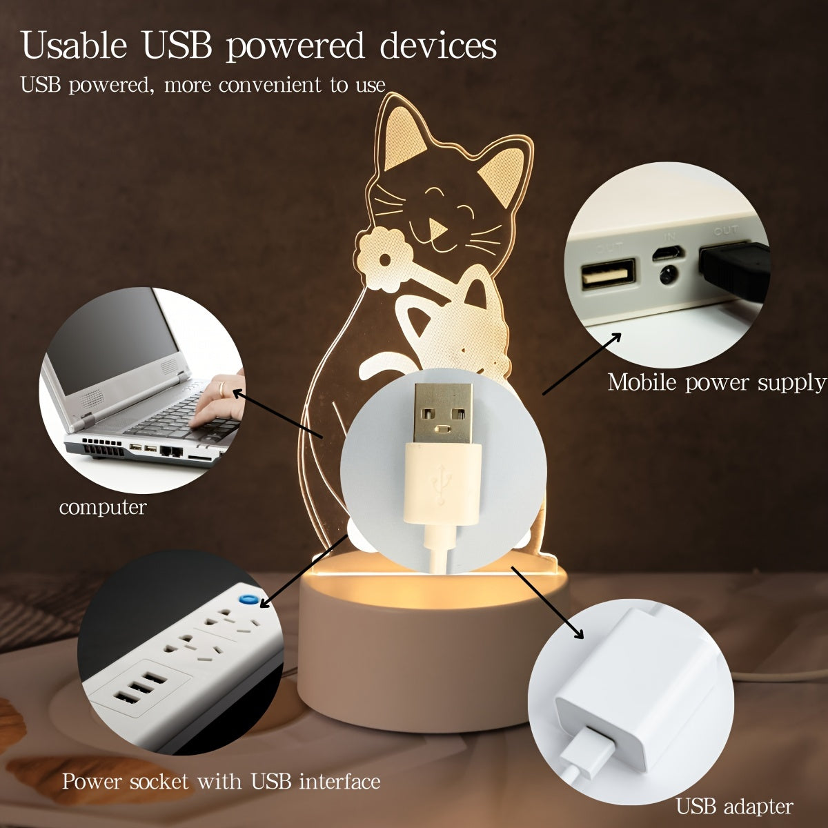 Monochrome 3D Cat Night Light USB Powered Bedroom Bedside Decor Gift