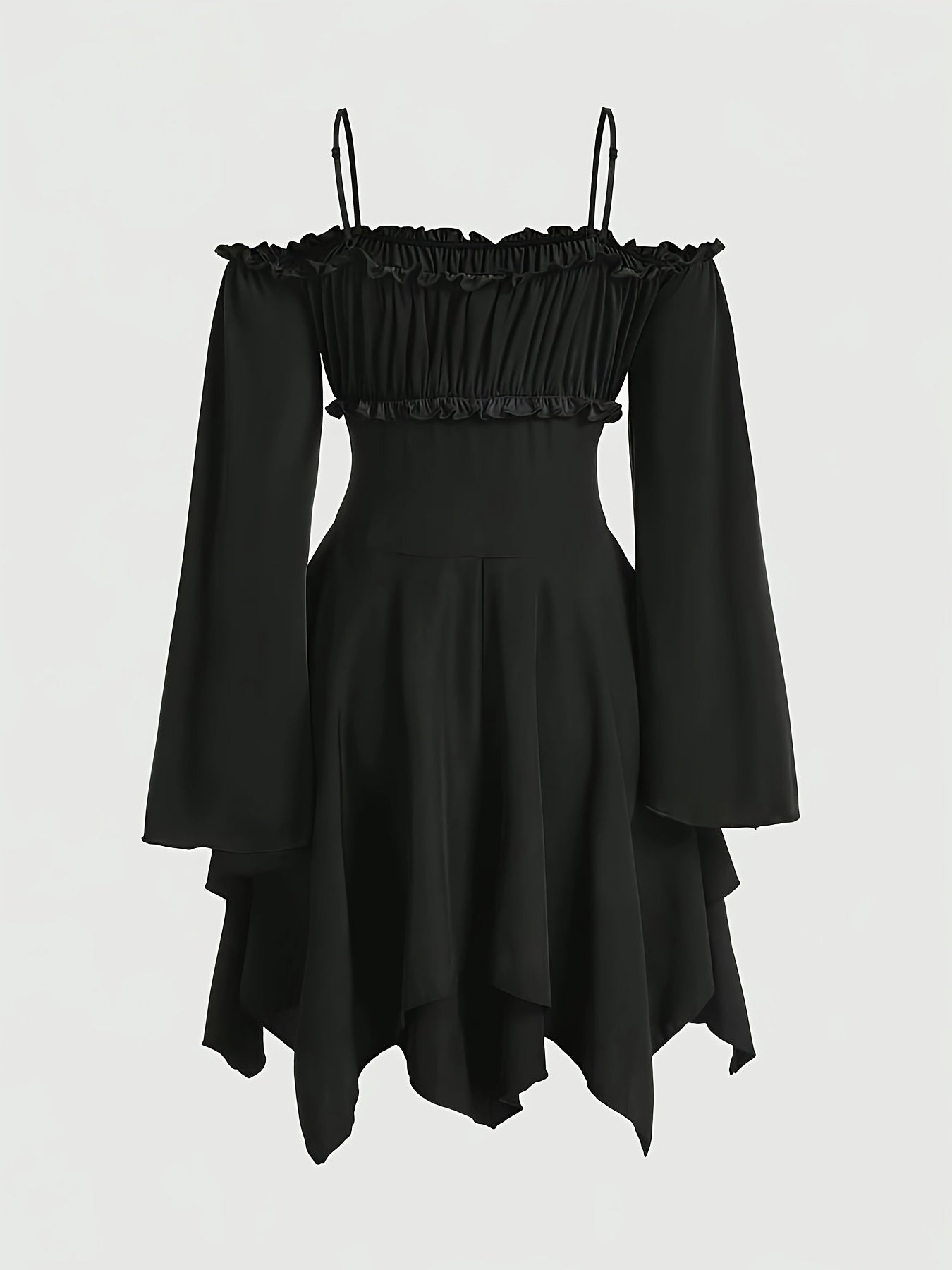 Yelka ochiq gotik ko'ylak, qirrali pastki qismi, baland asimmetrik bel - bir rangda, uzun yengli, polyester - har qanday mavsum uchun ideal.