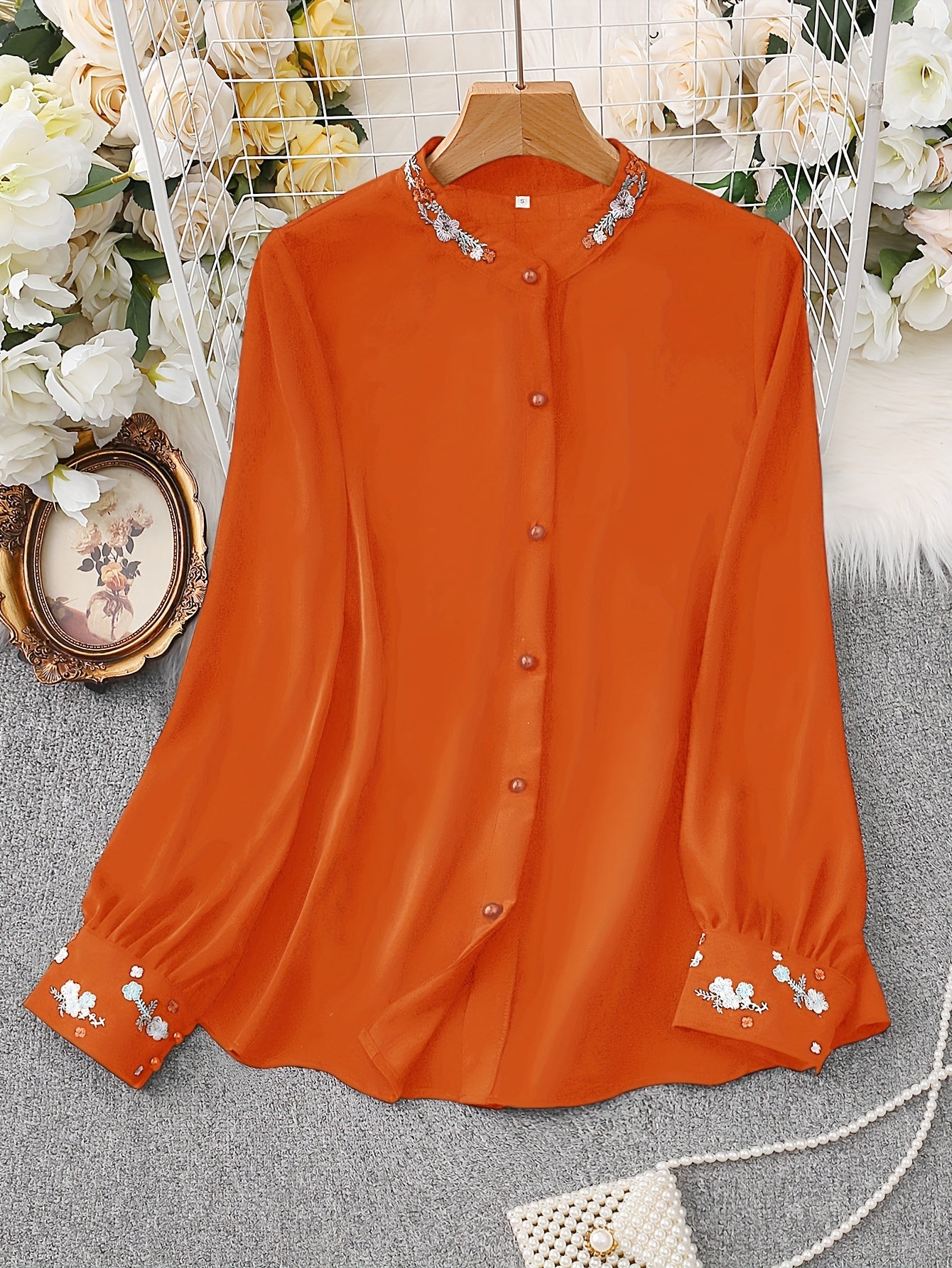 Women's Long Sleeve Embroidered Blouse with V-Neck and Button Front