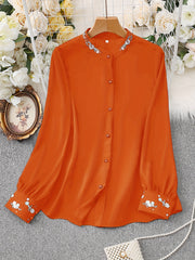 Women's Long Sleeve Embroidered Blouse with V-Neck and Button Front