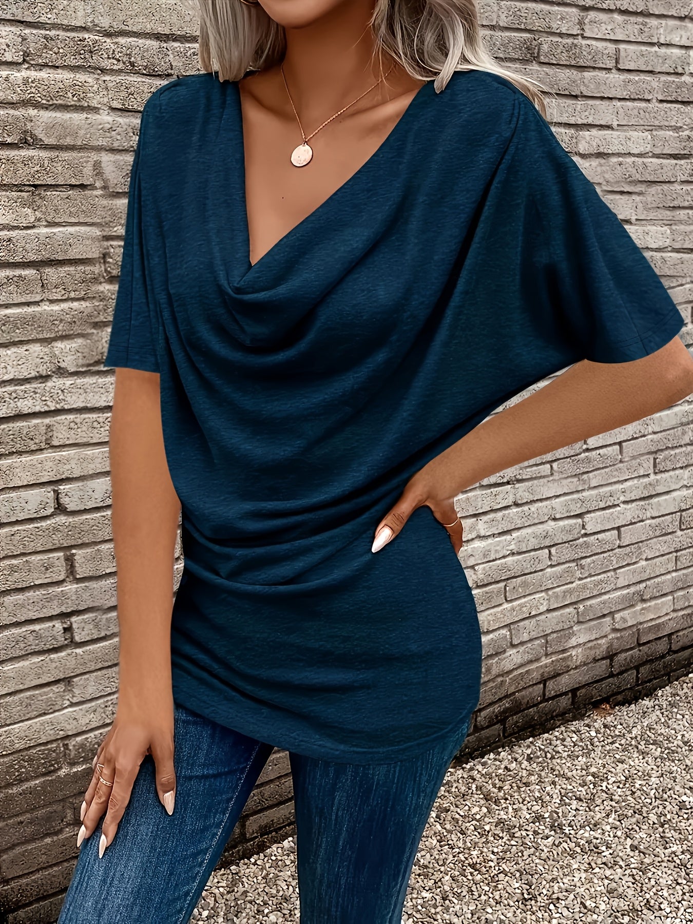 Blusa de manga corta con escote en V para tallas grandes de mujer, tela elástica resistente a las arrugas