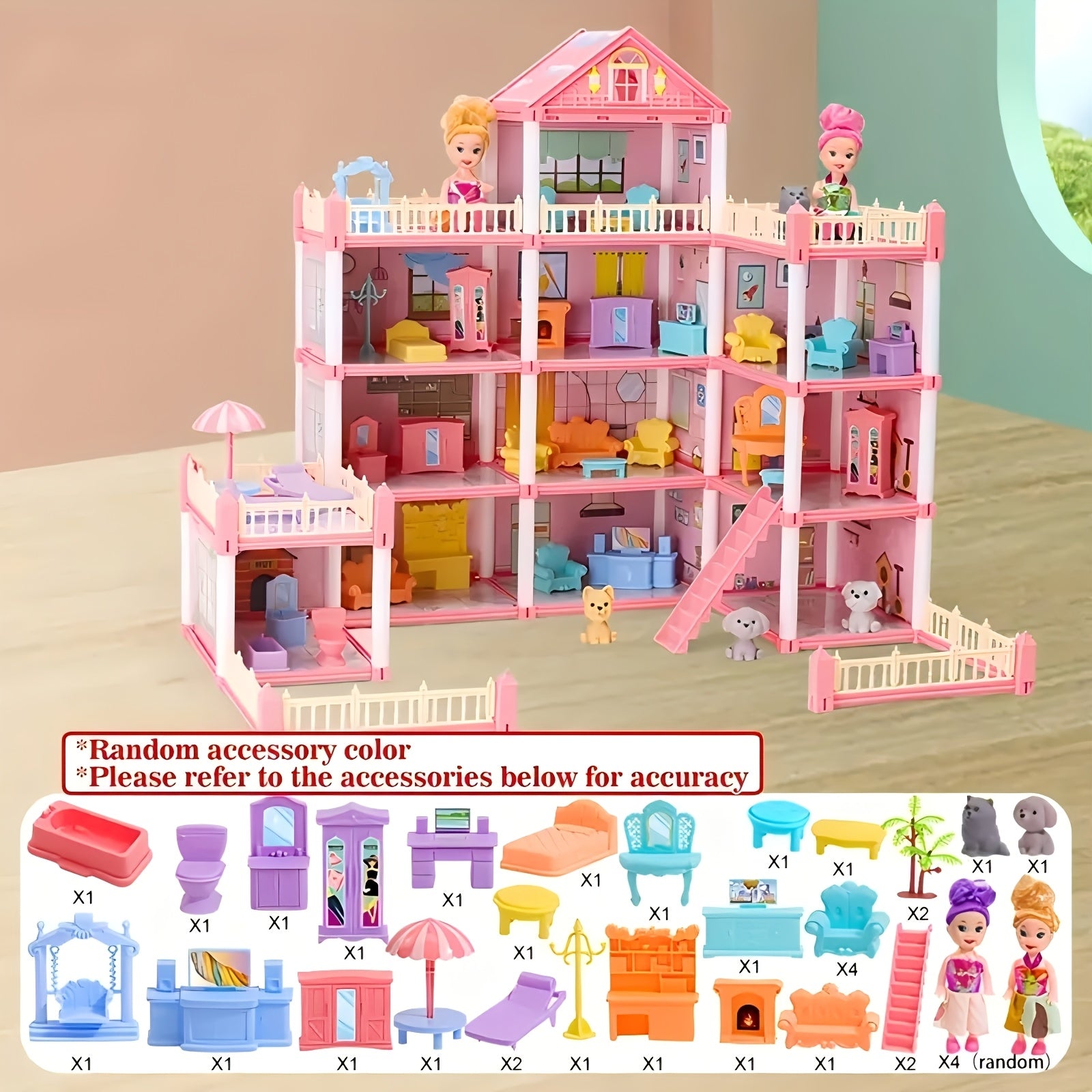 Luxury 4-Story Dollhouse Set with 4 Dolls and Accessories for Children Ages 3+ Pink or Blue